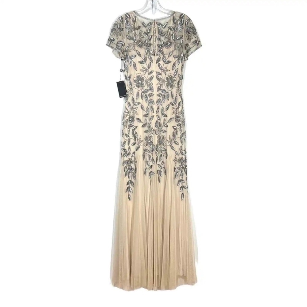 New Adrianna Papell Dress Hand Beaded Short Sleeve Floral Godet Gown Size 14 New - Picture 6 of 11
